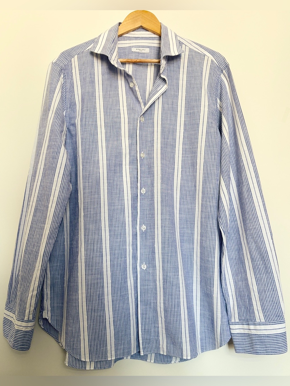 Boglioli Milano Men Striped Shirt Sz 44 17.5 XXL Slim Tailored Blue White Linen